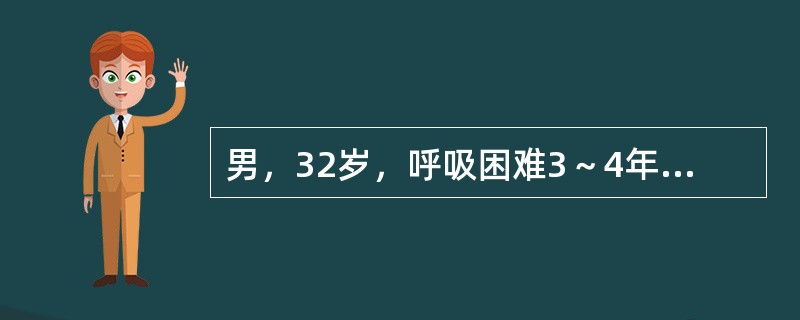 男，32岁，呼吸困难3～4年，查体：负性心尖搏动，心尖区舒张期杂音及开瓣音。该患