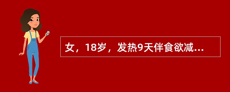 女，18岁，发热9天伴食欲减退，软弱。体检，体温40℃，脉搏74次／分，肝肋下2