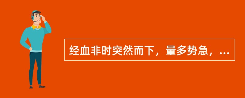 经血非时突然而下，量多势急，色鲜红质稠，便干溲黄，心烦潮热，苔薄黄，脉细数，证属