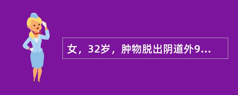 女，32岁，肿物脱出阴道外9月。妇科检查：宫颈脱出阴道口外5cm，余无异常防止子