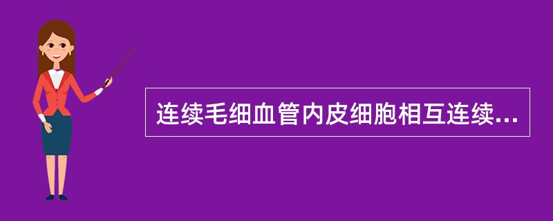 连续毛细血管内皮细胞相互连续，细胞间有中间连接封闭细胞间隙。