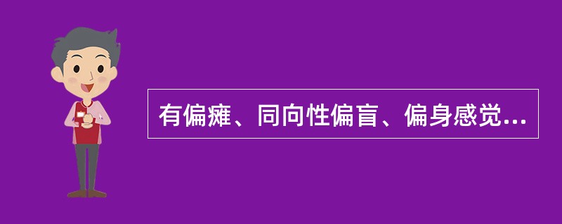 有偏瘫、同向性偏盲、偏身感觉障碍，见于（）.