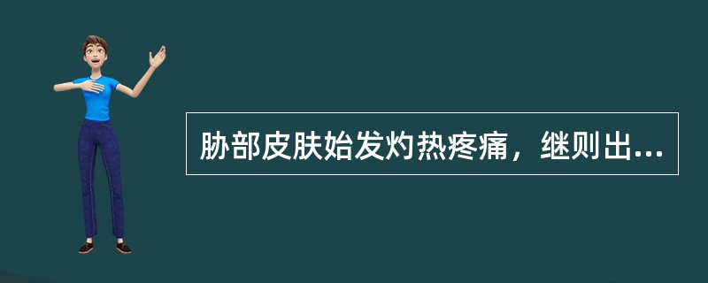 胁部皮肤始发灼热疼痛，继则出现簇集粟粒大小丘状疱疹，呈带状排列，疱壁紧张，口苦，