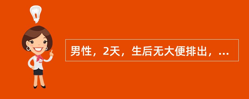 男性，2天，生后无大便排出，伴呕吐。查体：腹胀，可见肠型，肠鸣音活跃。会阴部平坦