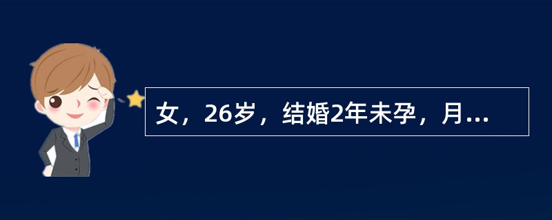 女，26岁，结婚2年未孕，月经正常，女性激素测定未见异常，输卵管通畅试验正常。目