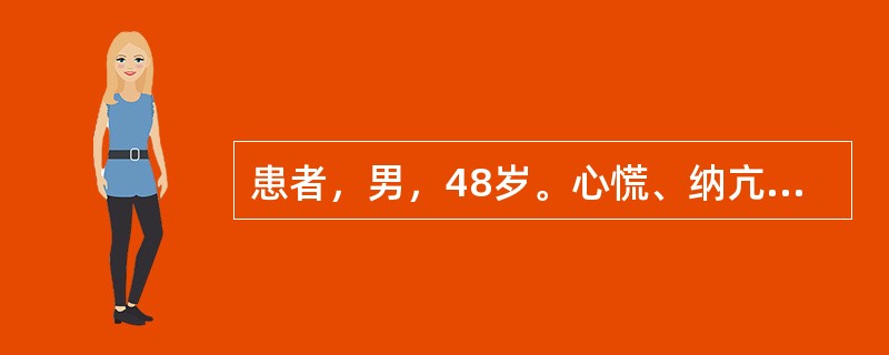 患者，男，48岁。心慌、纳亢4月余就诊。既往有哮喘史。体检：甲状腺一度肿大，心界