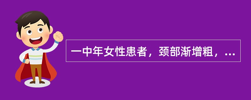 一中年女性患者，颈部渐增粗，超声显示，甲状腺不规则，非对称性肿大，实质回声增粗，