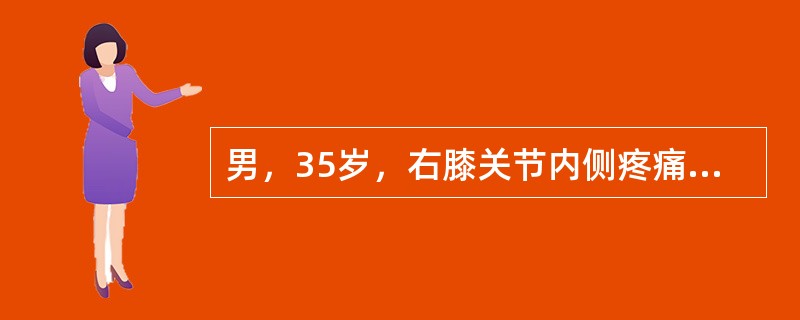 男，35岁，右膝关节内侧疼痛，肿胀半年，曾在外院摄X线片，见右胫骨上端内侧有一5