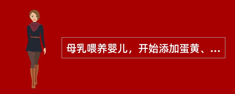 母乳喂养婴儿，开始添加蛋黄、鱼泥的时间是（）