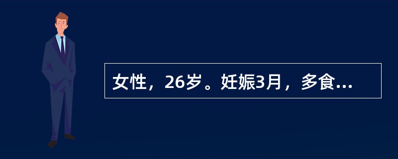 女性，26岁。妊娠3月，多食，怕热，易怒，甲状腺稍大。血FT↑，FT↑，TSH↓