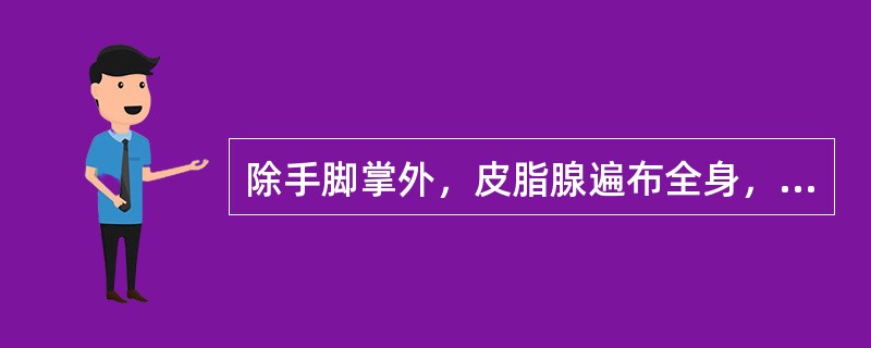 除手脚掌外，皮脂腺遍布全身，以（）最多。