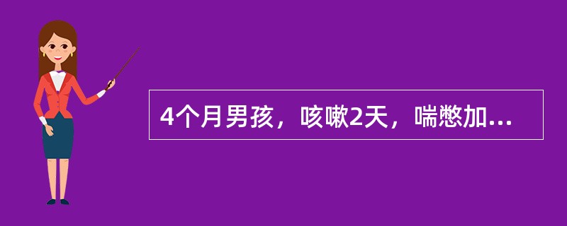 4个月男孩，咳嗽2天，喘憋加重1天，病后低热，精神、食欲尚可。查体：体温37.8