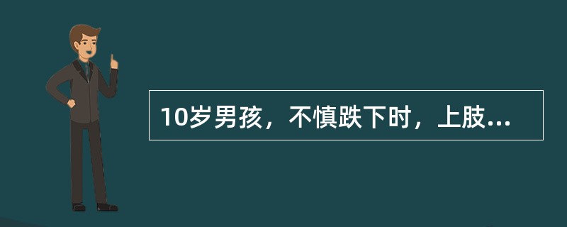 10岁男孩，不慎跌下时，上肢外展，手掌先着地，跌伤后肘部肿痛，功能障碍。检查肘部