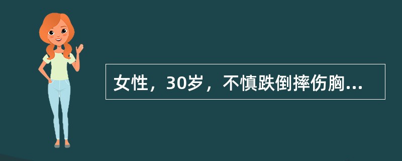女性，30岁，不慎跌倒摔伤胸部，诉胸痛，胸片示左第6肋骨骨折，两侧肋隔角清晰。合