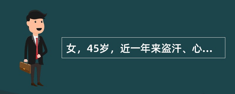 女，45岁，近一年来盗汗、心悸、易怒，食量增加。检查：突眼，心率110次／分，血