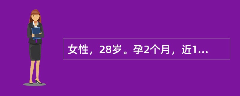 女性，28岁。孕2个月，近1个月心悸、多汗、易饥、体重下降。轻度突眼，甲状腺Ⅱ&