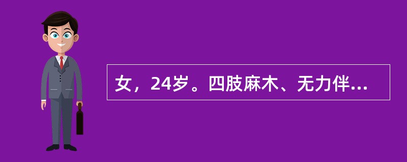 女，24岁。四肢麻木、无力伴吞咽、发音困难12小时。排尿无困难。查体：四肢呈弛缓