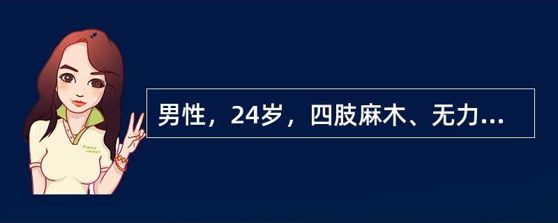 男性，24岁，四肢麻木、无力、酸痛，伴吞咽、发音困难15小时，排尿无障碍。检查：