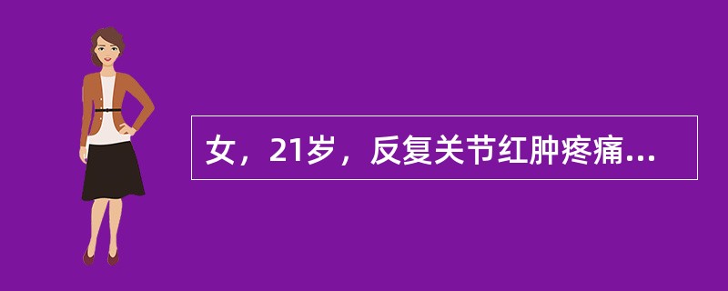 女，21岁，反复关节红肿疼痛5年，活动后心悸气促1天入院。查：梨形心界，心率88