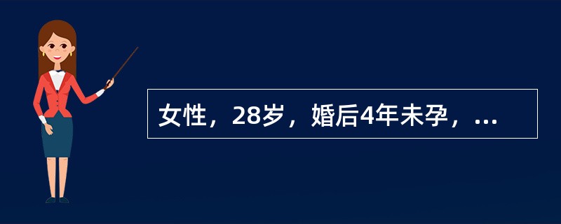 女性，28岁，婚后4年未孕，进行性痛经3年，丈夫检查无异常。妇科检查：子宫正常大
