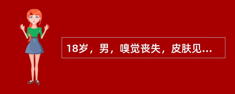 18岁，男，嗅觉丧失，皮肤见咖啡棕色素斑和皮下软组织结节，MR表现如图，最可能的