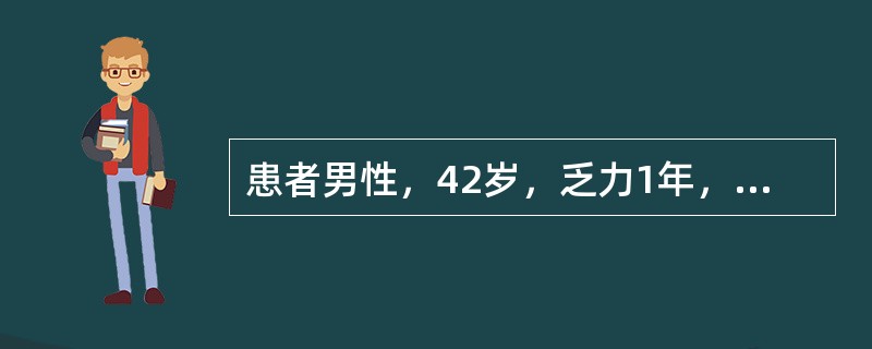 患者男性，42岁，乏力1年，近3个月四肢关节、肌肉酸痛，同时出现上眼睑红色皮疹，