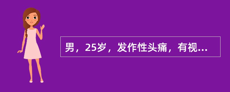 男，25岁，发作性头痛，有视觉先兆，伴有恶心呕吐，服用麦角胺有效，查体无阳性体征