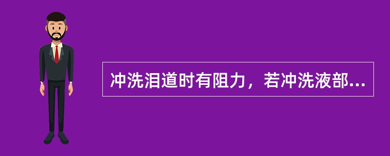冲洗泪道时有阻力，若冲洗液部分反流，部分流鼻腔，说明()冲洗泪道时，若冲洗液完全
