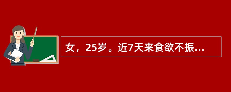 女，25岁。近7天来食欲不振、恶心、呕吐，伴乏力、尿黄来医院就诊。病前1周曾生吃