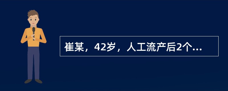 崔某，42岁，人工流产后2个月，阴道中等量流血2周，尿妊娠试验阳性，子宫稍软，胸