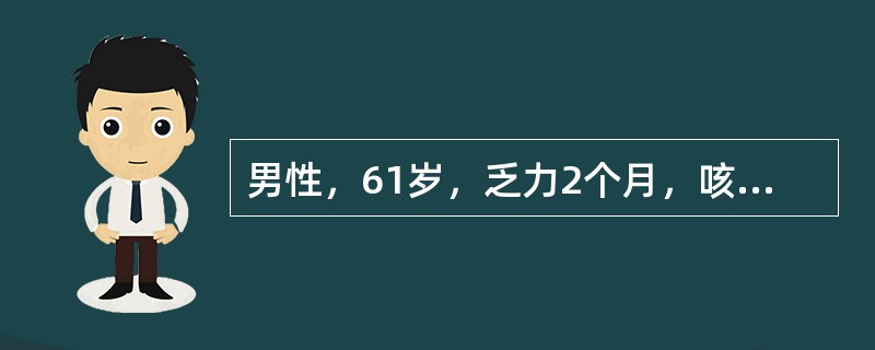 男性，61岁，乏力2个月，咳嗽、咯血半月，恶心1周，化验尿：PRO（++），RB