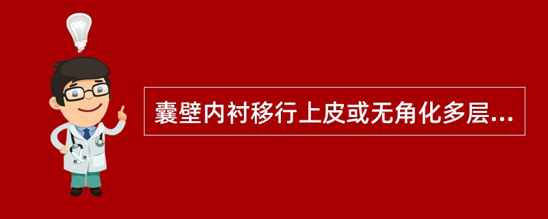 囊壁内衬移行上皮或无角化多层扁平上皮，囊壁见黏液性腺泡（）