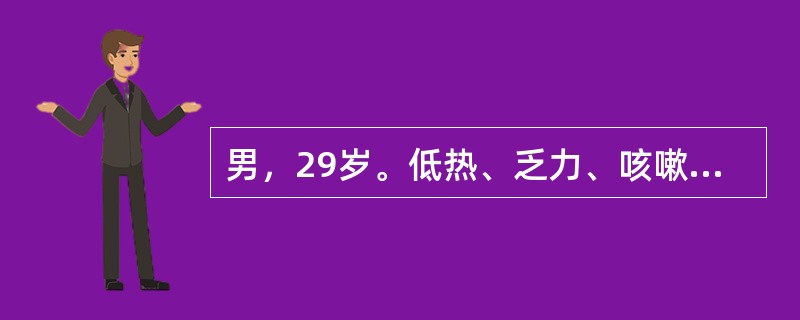 男，29岁。低热、乏力、咳嗽、咳痰及痰中带血丝2年。胸片显示双肺片状阴影，轮廓模