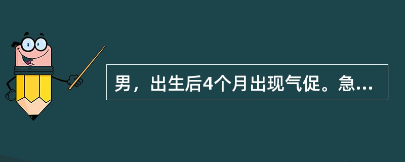 男，出生后4个月出现气促。急诊查体：两肺湿啰音，胸骨左缘2～3肋间收缩期杂音，上