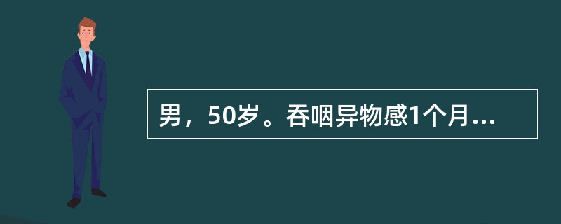 男，50岁。吞咽异物感1个月，肝炎病史20年。进一步检查，应首先考虑（）