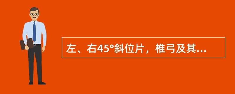 左、右45°斜位片，椎弓及其附件投影似"狗"形，峡部裂时似狗颈戴项链，同侧上关节