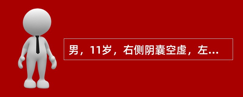 男，11岁，右侧阴囊空虚，左侧睾丸可触及，右侧腹股沟区可探及低回声肿块，如图所示