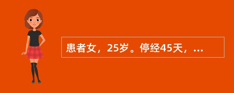 患者女，25岁。停经45天，阴道少量流血2天，伴下腹部轻度酸痛，尿妊娠试验(+)