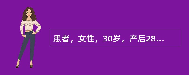 患者，女性，30岁。产后28天，阴道突然大量出血，色红，有血块，伴有头晕、心慌。