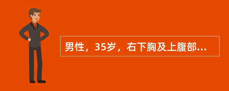 男性，35岁，右下胸及上腹部挫伤6小时入院。患者骑摩托车撞车，右下胸及上腹部受车