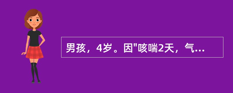 男孩，4岁。因"咳喘2天，气喘加剧半天"就诊。查体：体温正常，吸气性呼吸困难，口