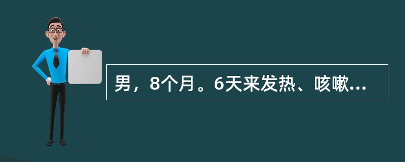 男，8个月。6天来发热、咳嗽，近2天来喘憋加重，1天来嗜睡，抽搐2次急诊。查体：