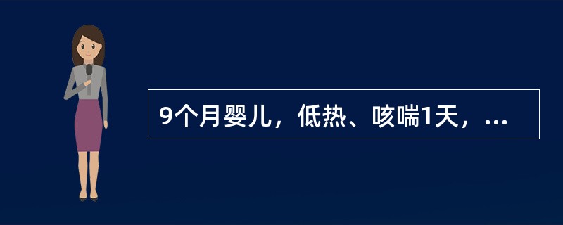 9个月婴儿，低热、咳喘1天，吃奶时呛咳，哭闹时口周轻度发绀。查体：体温38℃，精