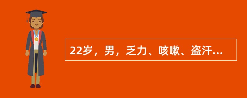 22岁，男，乏力、咳嗽、盗汗、低热2个月余，近1周来有咯血及痰中带血。查体：心肺