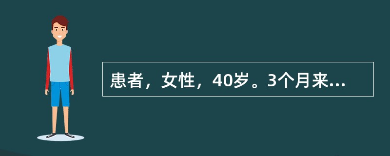 患者，女性，40岁。3个月来饥饿时感上腹痛，进食后缓解，有时反酸。查体：剑突下偏