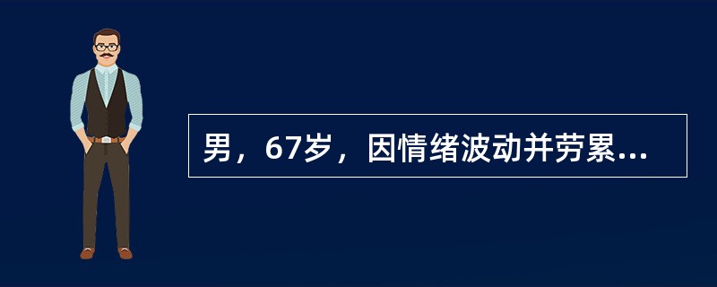 男，67岁，因情绪波动并劳累后，出现左眼剧烈胀痛、流泪和视物模糊，伴头痛、恶心、