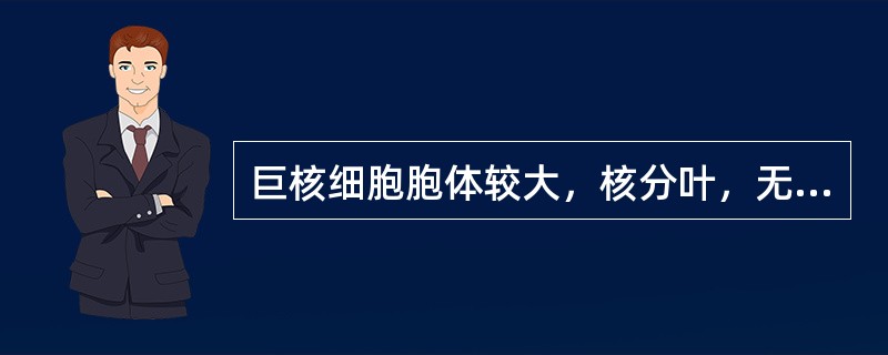巨核细胞胞体较大，核分叶，无核仁，浆内充满紫红色颗粒，周边无血小板形成，符合下列