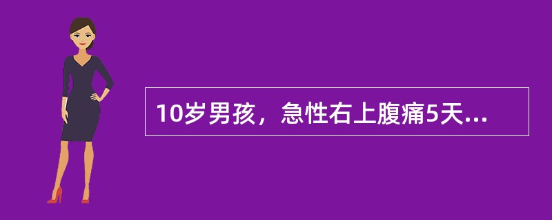 10岁男孩，急性右上腹痛5天，腹痛为钻顶样，间断发作，查体，体温36．6℃。右上