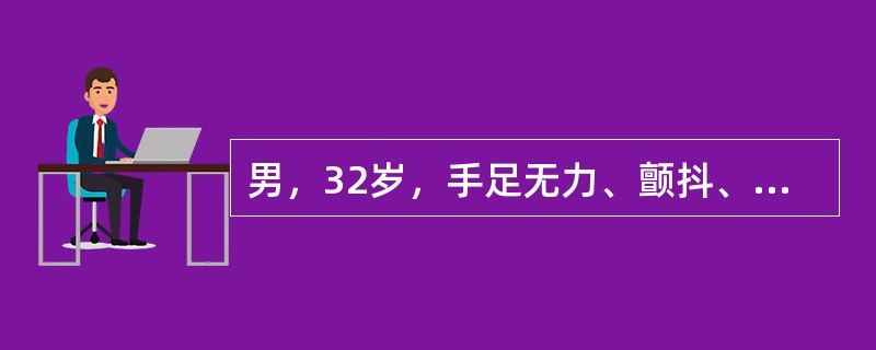 男，32岁，手足无力、颤抖、视力减弱，有时眩晕，时好时坏，查体发现四肢肌肉萎缩，