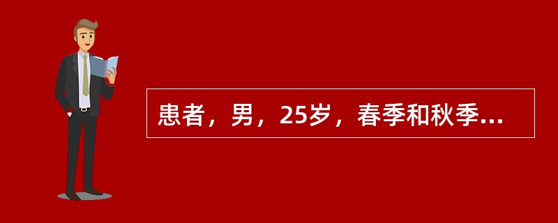 患者，男，25岁，春季和秋季反复发作性右侧眼眶周围疼痛，伴右眼结膜充血、流泪；神